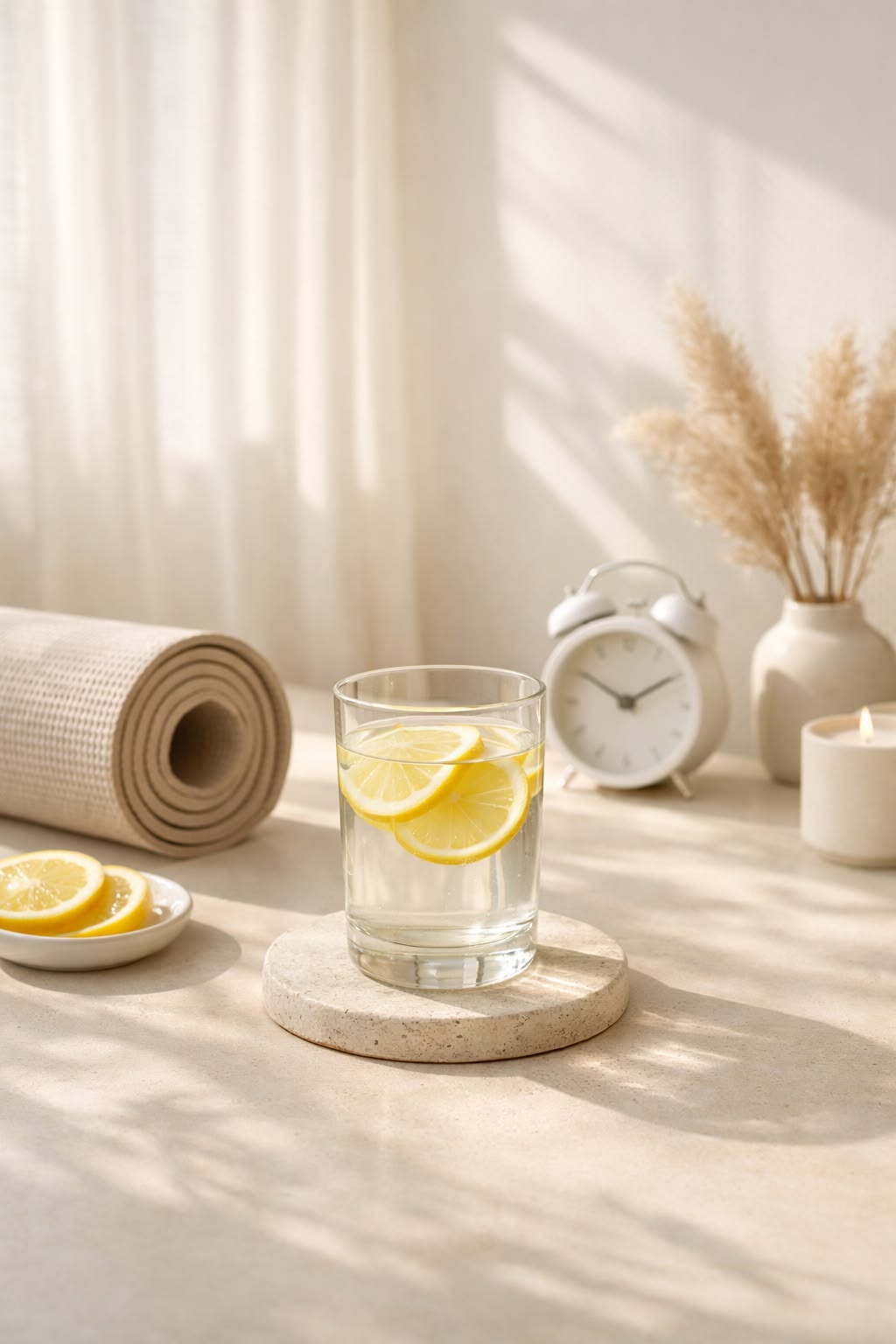 Glass of water on a bright kitchen counter representing a calm morning hydration routine