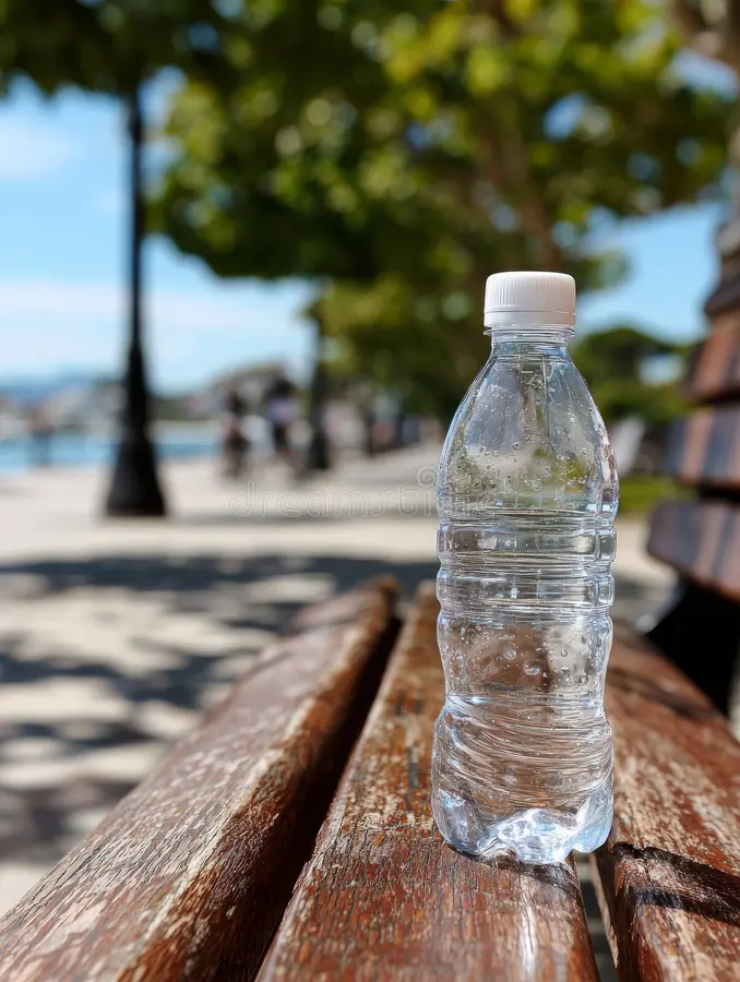 Reusable water bottle resting on a park bench during an outdoor walk in Amsterdam